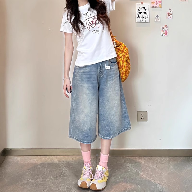 雪千羽复古浅色直筒七分牛仔裤女夏季薄款胖mm高腰显瘦宽松阔腿裤