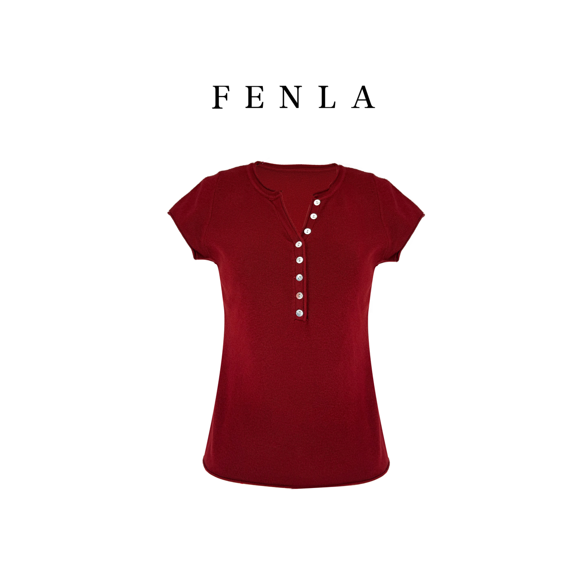 【惠姐私服】 美式纽扣半门襟亨利领修身显瘦针织衫短袖 85036