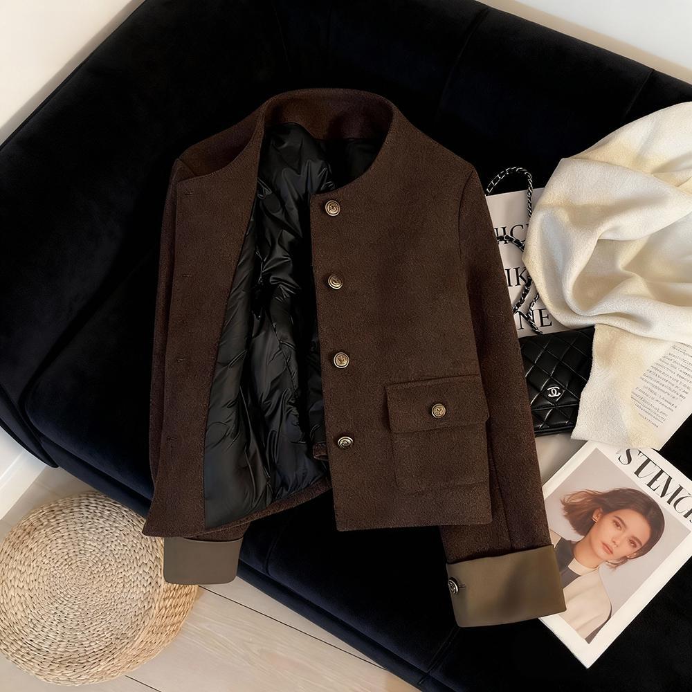 韩系复古咖色名媛小香风短毛呢外套冬季爆款女装洋气保暖气质上衣