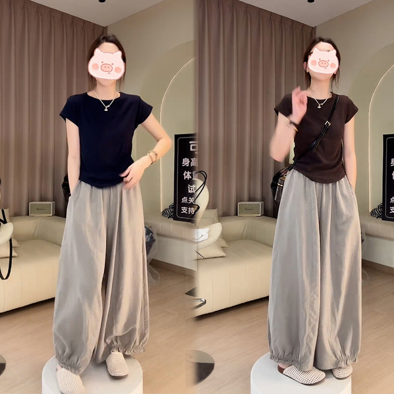 2025新款夏季修身小个子纯色上衣短袖搭配宽松简约休闲裤两件套女