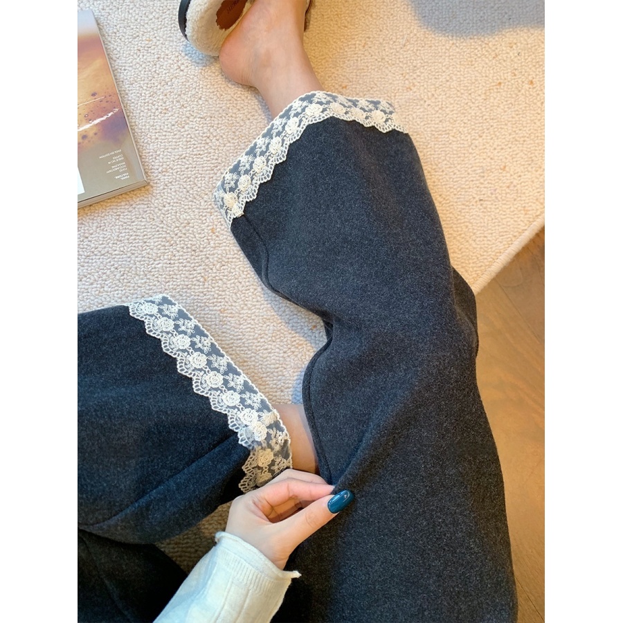 深灰色花边拼接毛呢休闲裤女2025秋冬新款高级感宽松显瘦阔腿裤子