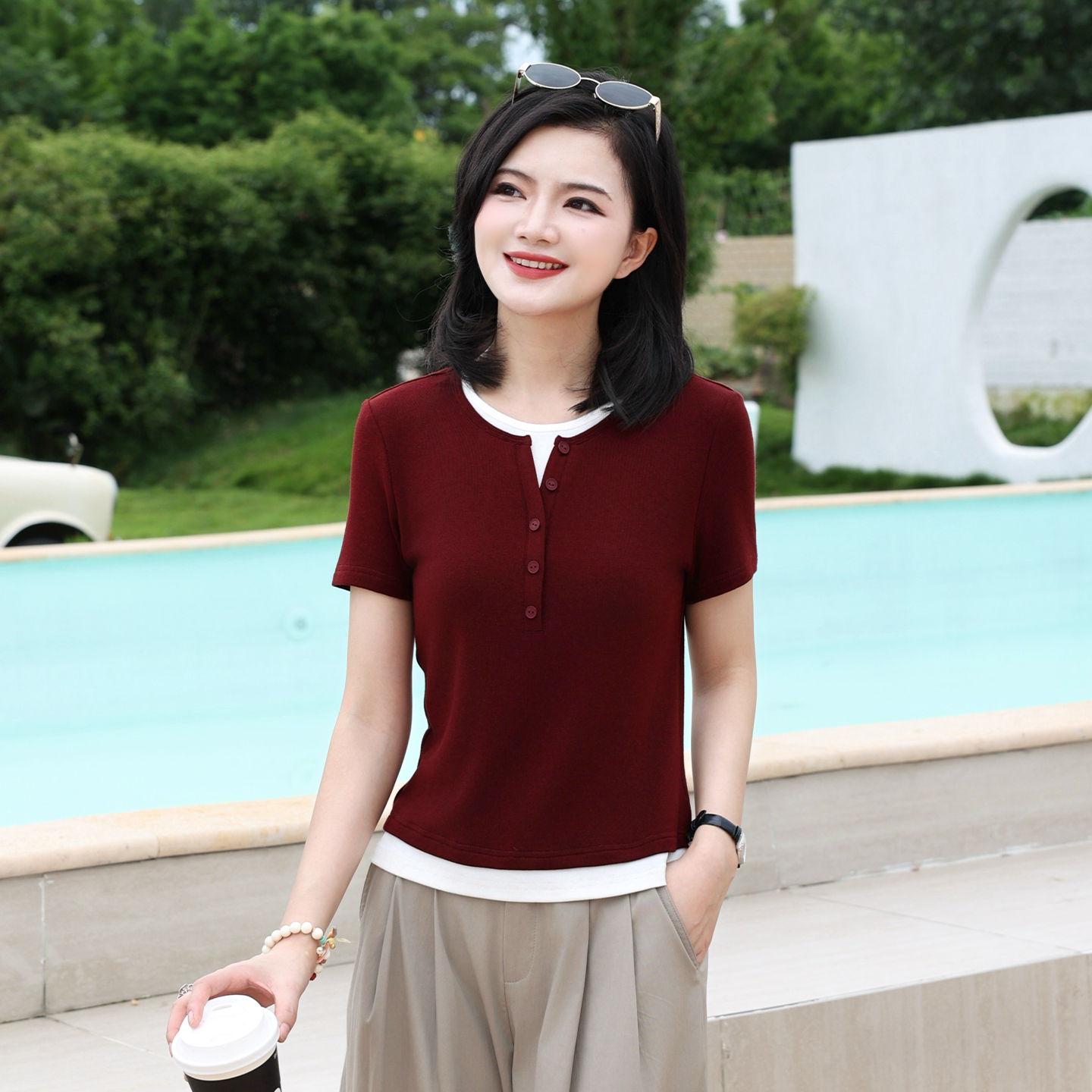 【轻薄假两件】阿楠anan亨利领收腰弹力女夏季通勤气质短袖T恤上衣