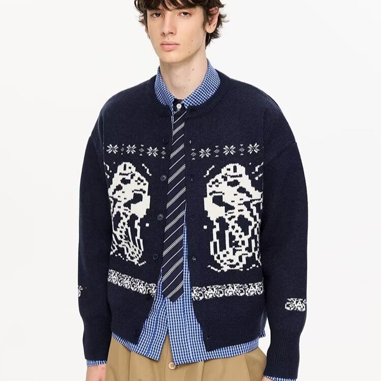 2025美式新款复古新年情侣开衫毛衣春秋时尚提花费尔岛针织衫外套