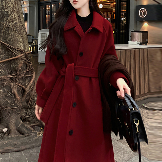 酒红色羊绒质感复古毛呢外套女大码胖MM200斤新年婚礼加厚呢大衣