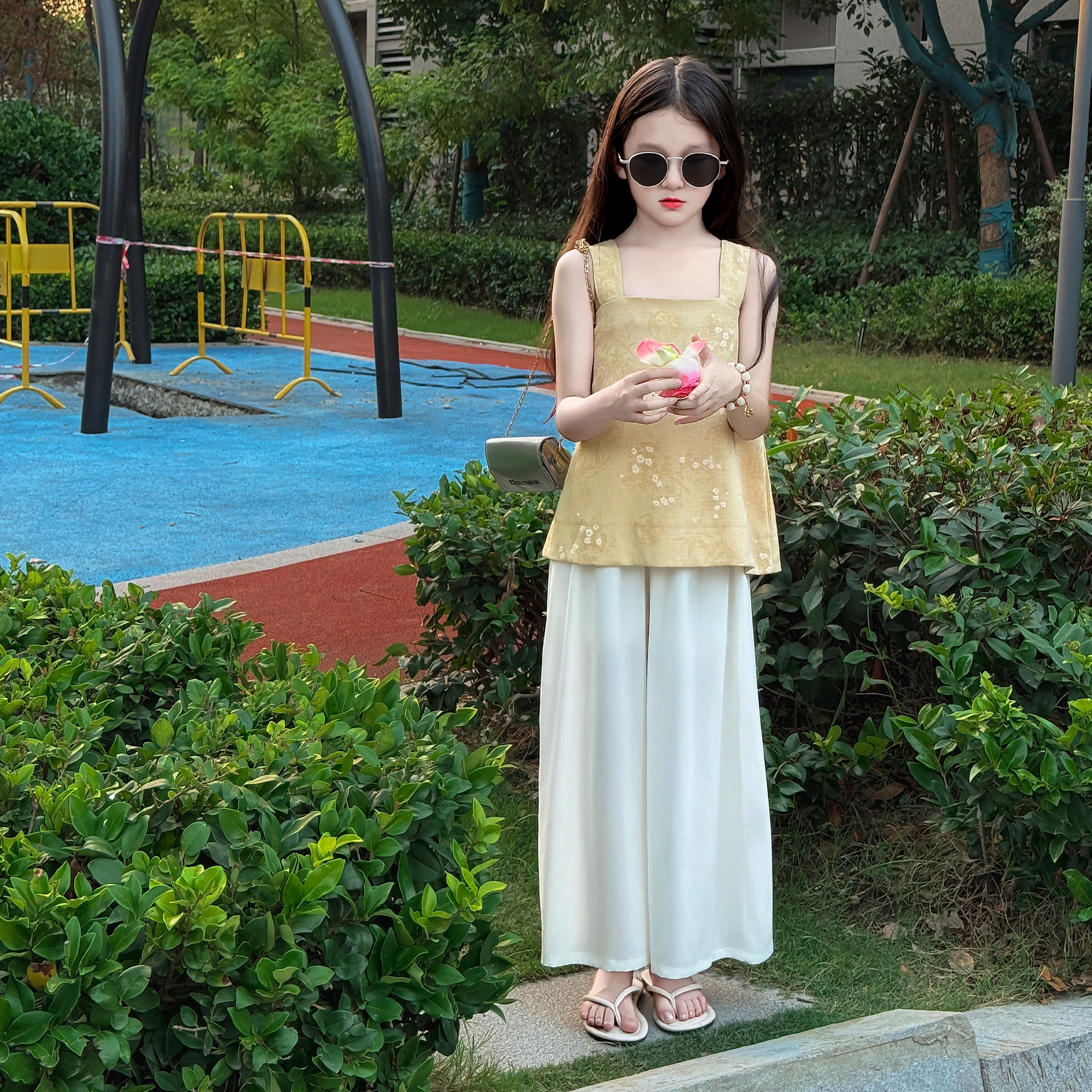 女童2025夏季新款新国风无袖吊带上衣韩版休闲宽松阔腿裤两件套潮