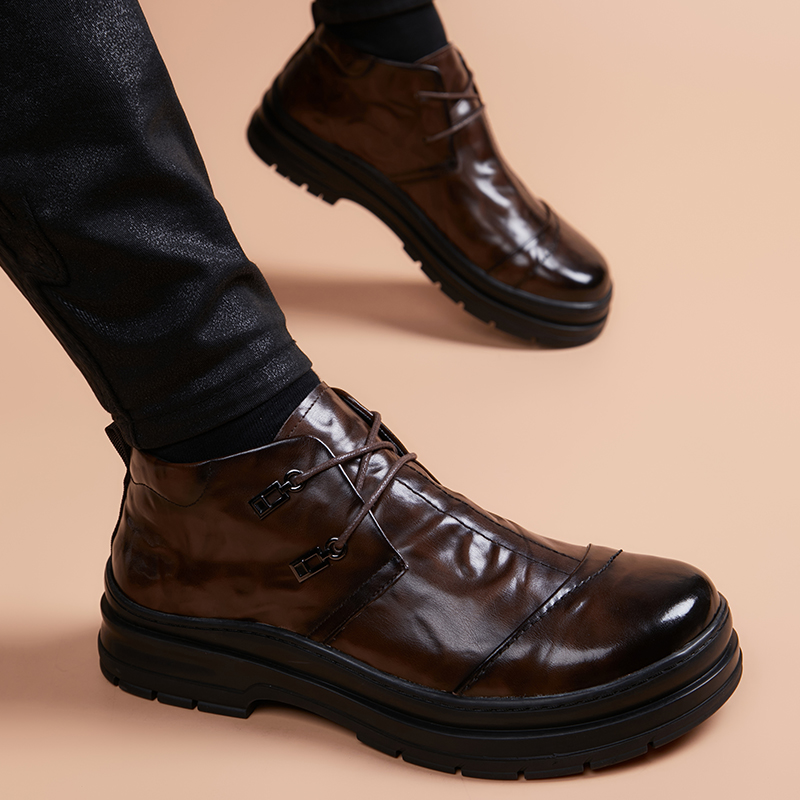 皮鞋男真皮透气韩版新款圆头休闲鞋英伦风大头鞋百搭内增高男鞋
