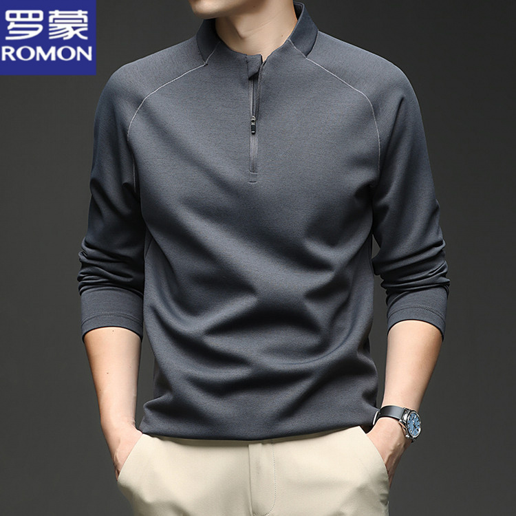 罗蒙春秋季新款男士半高拉链卫衣纯色亨利领T恤打底休闲时尚t恤男