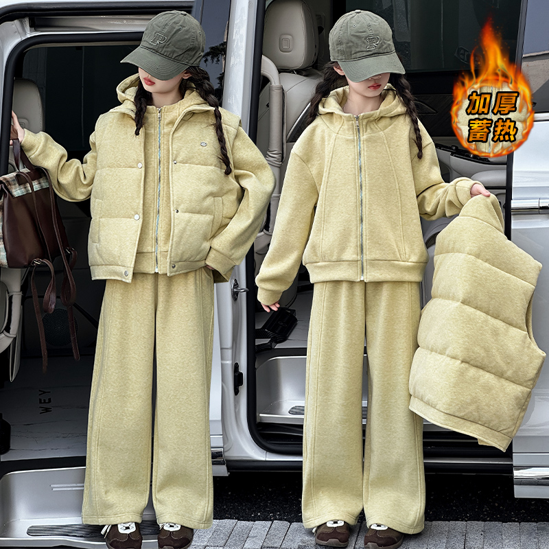 女童套装秋冬款2025新款儿童洋气加绒加厚马甲卫衣裤子三件套冬装