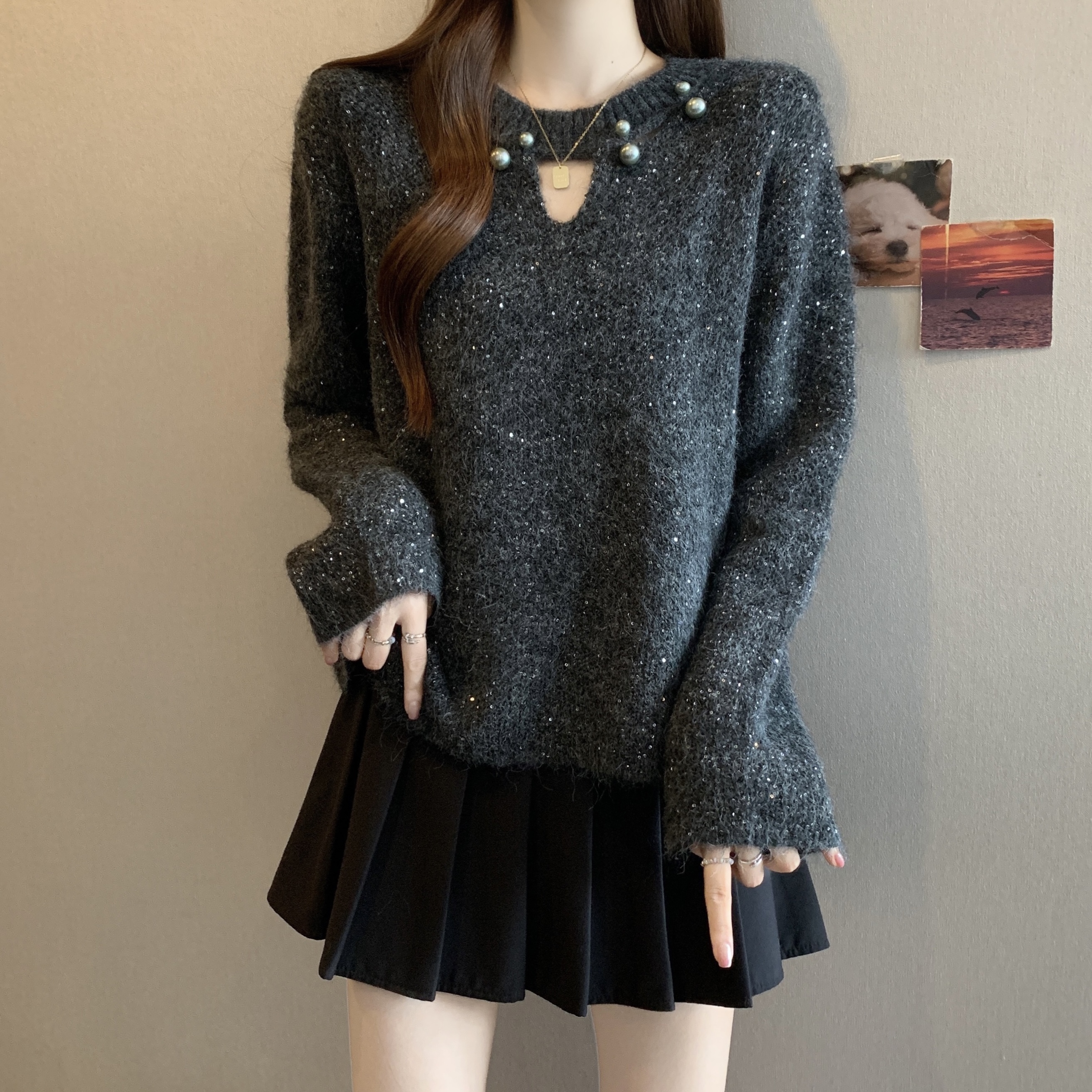 大码女装韩系气质镂空针织衫女秋冬胖mm巨好看毛衣洋气巨显瘦上衣