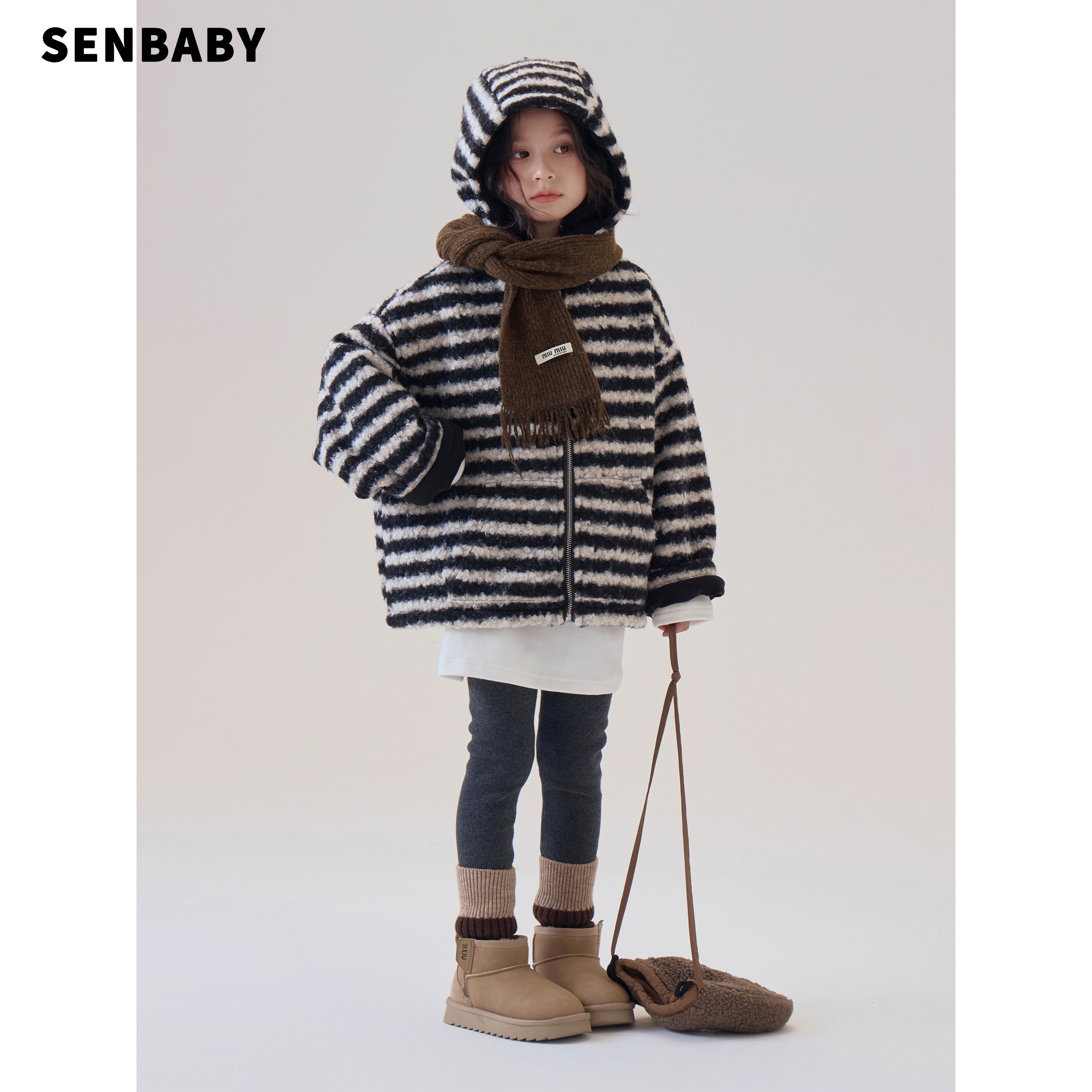 【现货亲子】senbaby女童加绒连帽冬季韩版儿童洋气条纹毛绒外套