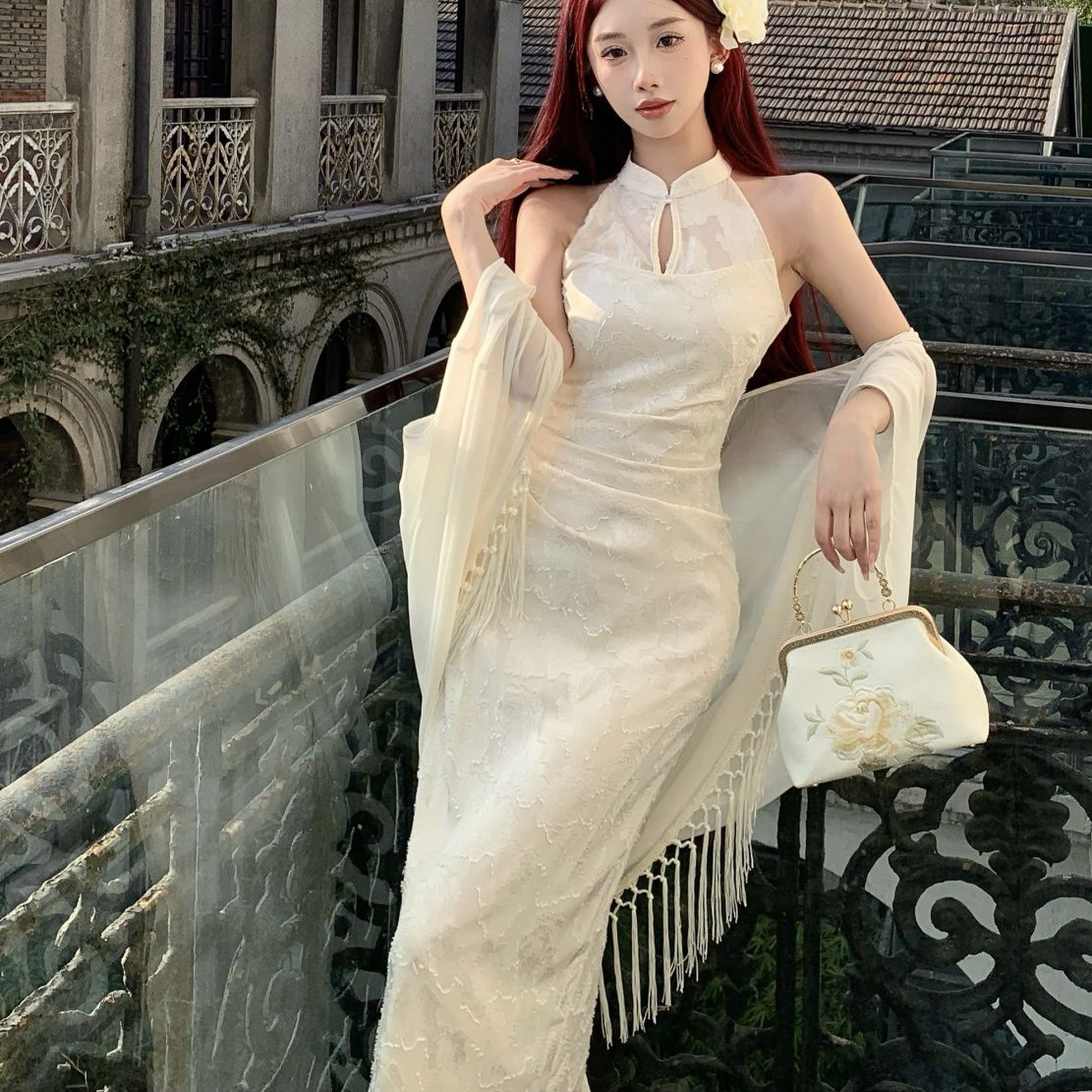 新中式百搭披肩薄纱优雅长裙短裙复古港风圆领旗袍宽松裙流苏披肩