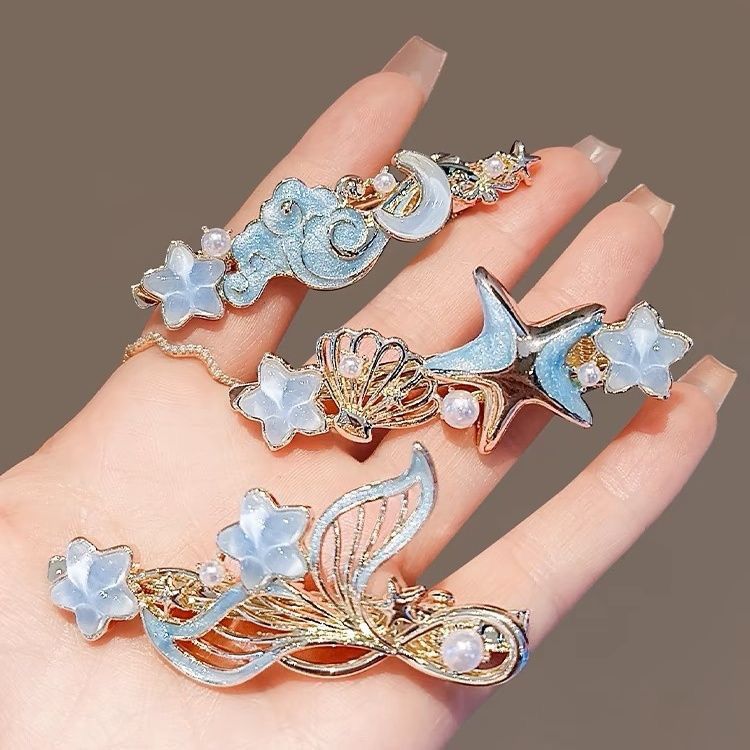 梦幻蓝彩釉海星鱼尾发夹一字夹鸭嘴夹女可爱珍珠合金发卡侧边夹