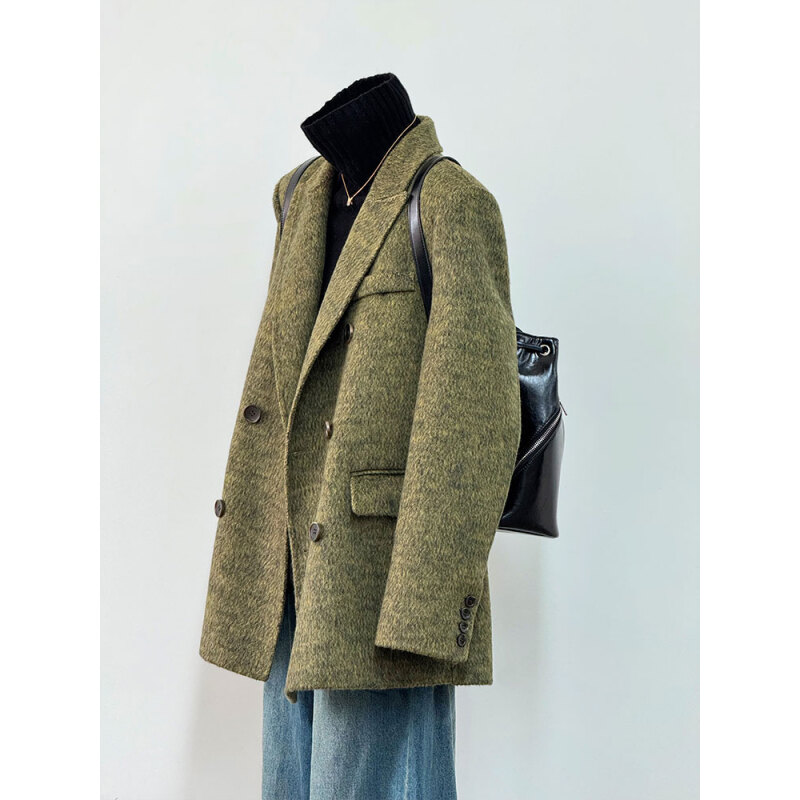 年韩版正肩双面羊毛大衣女秋冬新款通勤休闲西装羊毛呢外套短F54