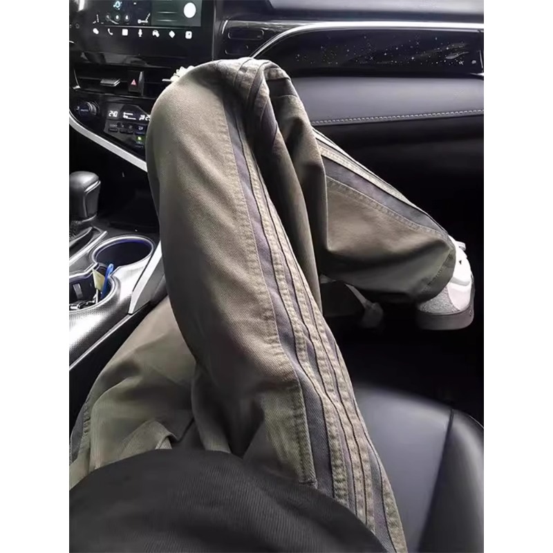 军绿色三条杠条纹裤子男夏季薄款潮流直筒工装裤美式运动休闲长裤