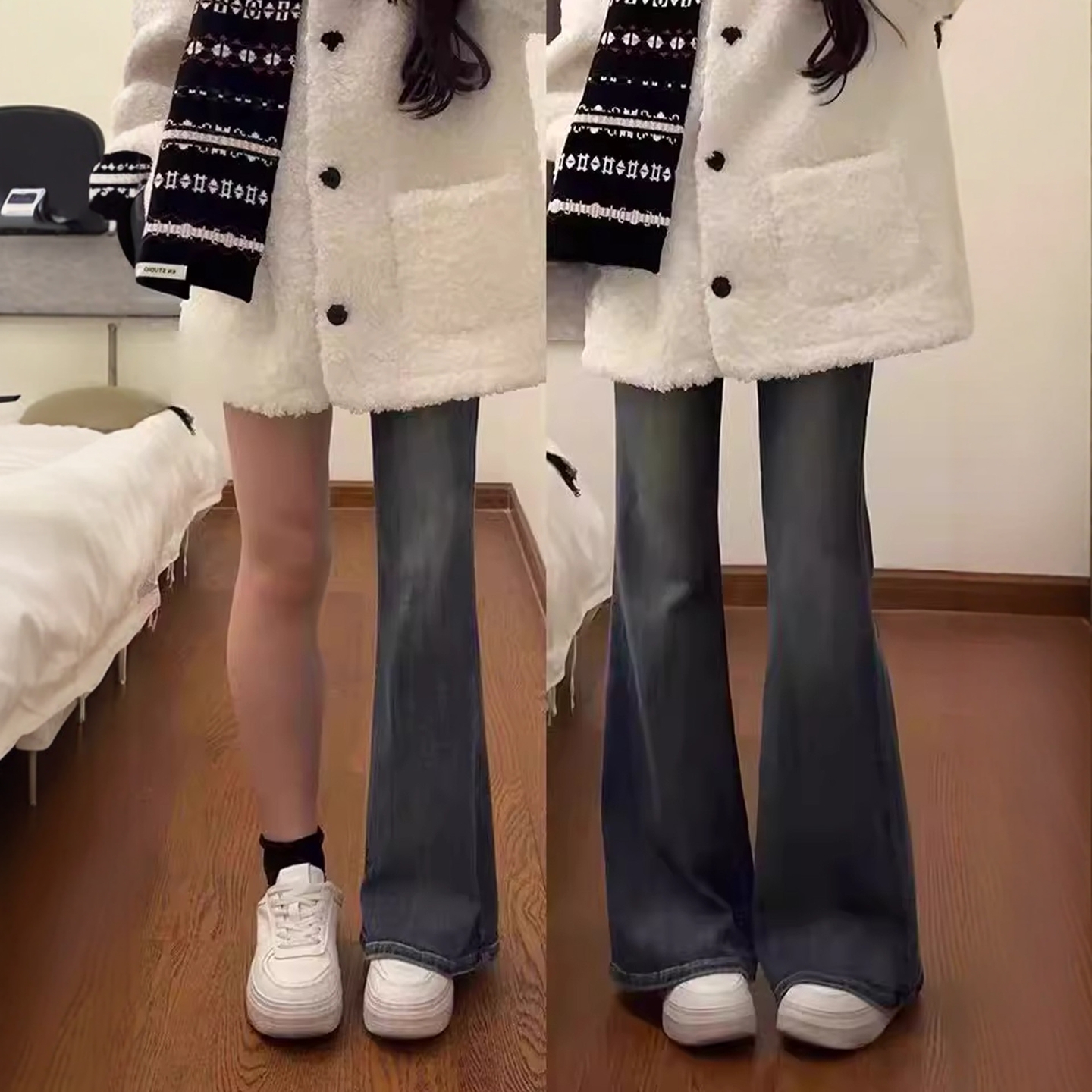 雪千羽梨形身材复古蓝微喇牛仔裤女秋新款胖mm显瘦遮胯弹力喇叭裤