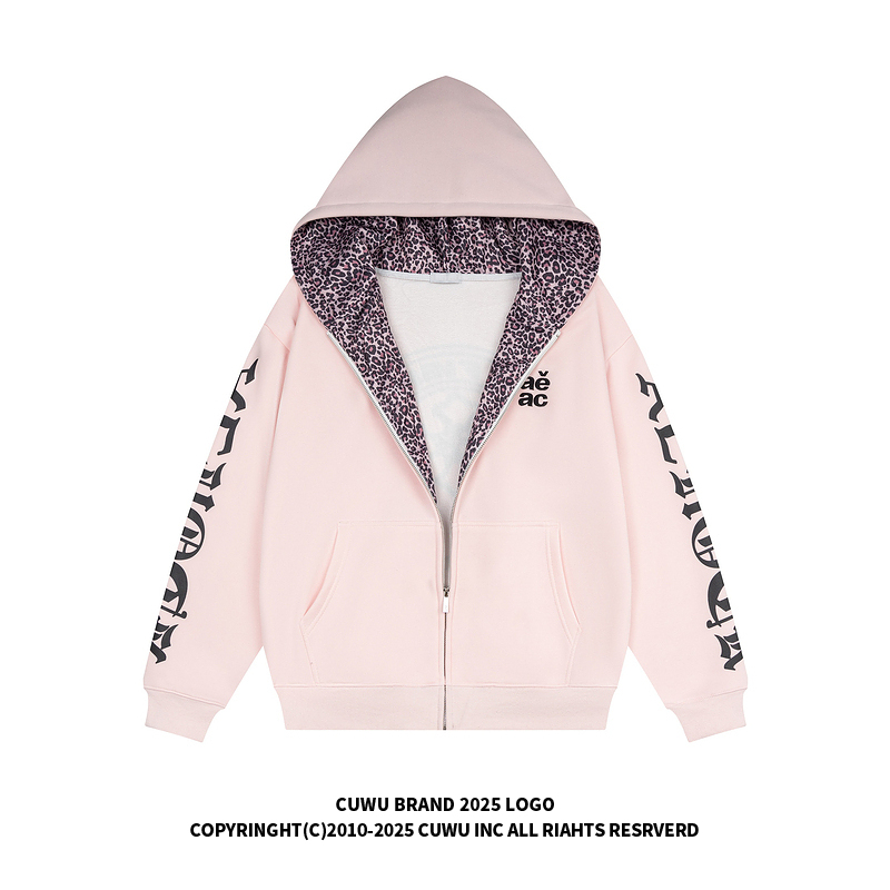 cuwu美式梵文刺绣豹纹加绒加厚连帽卫衣女男秋冬宽松情侣开衫外套
