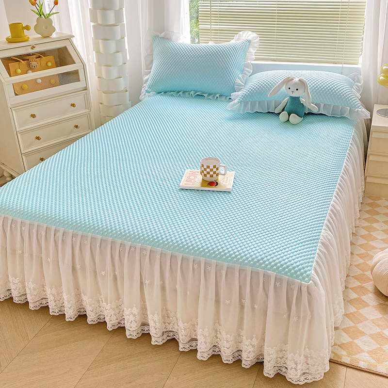 公主风A类3D凉感丝冰豆豆三件套床裙凉席床防滑床纯色加厚韩版