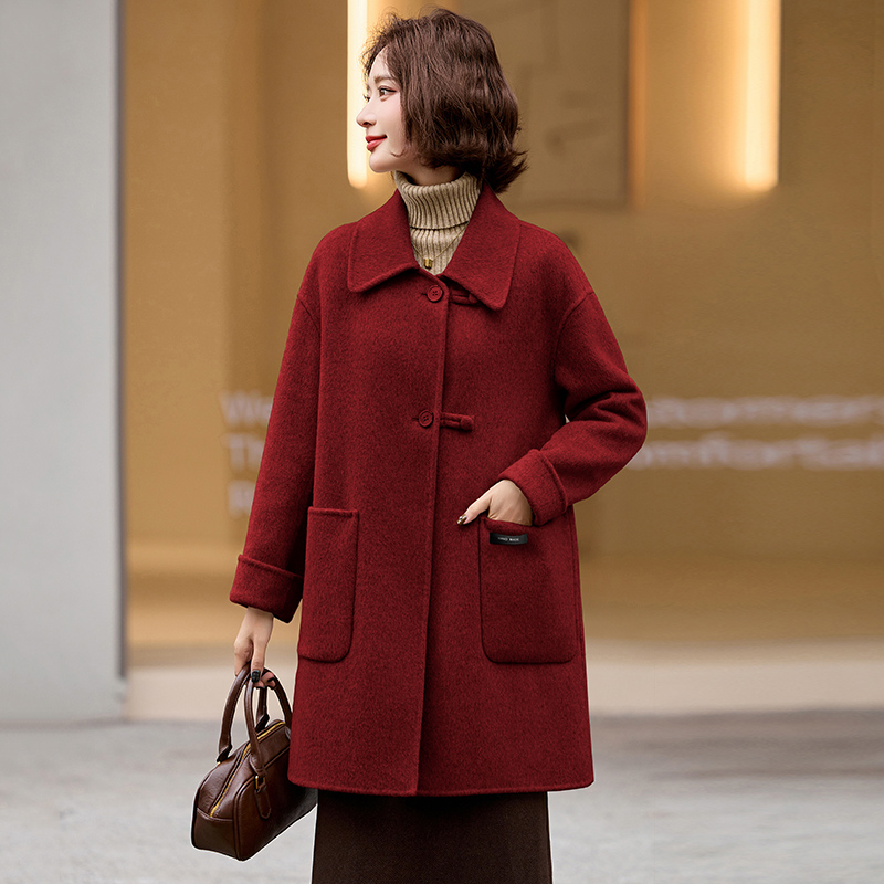 高档秋冬中年女羊毛双面呢大衣女本命年酒红色喜婆婆妈妈婚宴外套