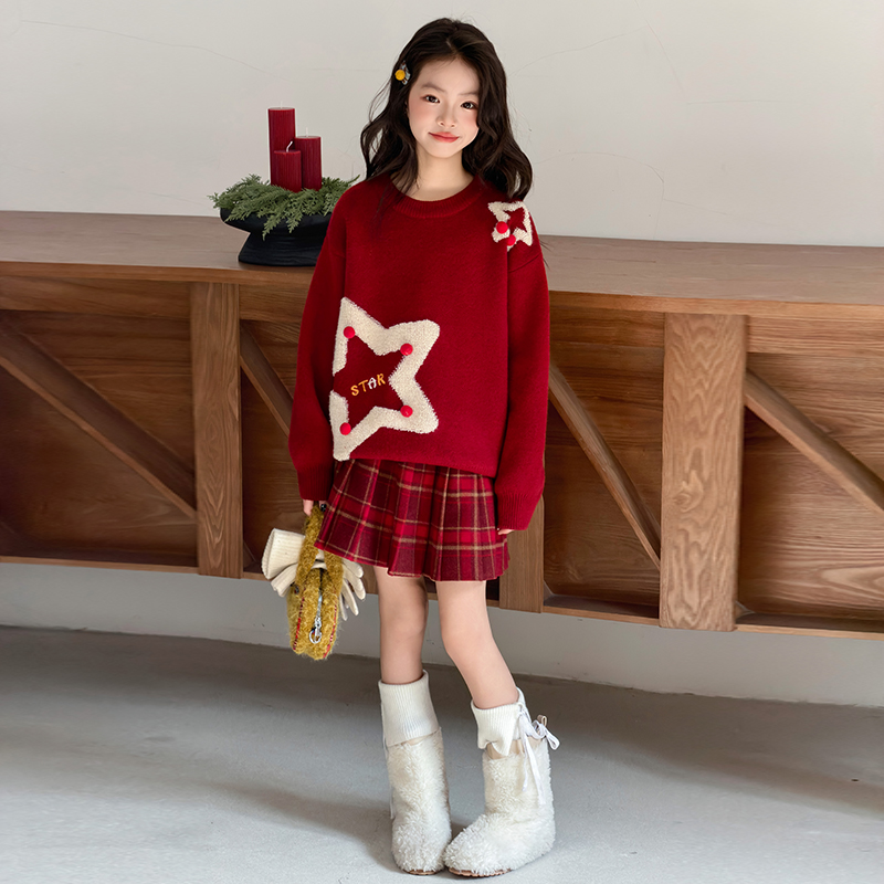 潮女童立体图案毛衣红色秋冬加厚洋气针织衫中大童甜美风套头上衣