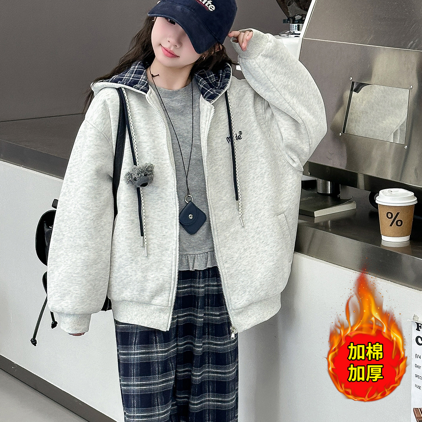 女童冬季潮流加绒外套学院风儿童棒球服加厚夹棉上衣休闲秋冬大童