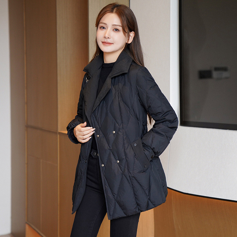 棉服收腰黑色冬季2025修身系带新款小个子显瘦外套菱形中长棉衣女