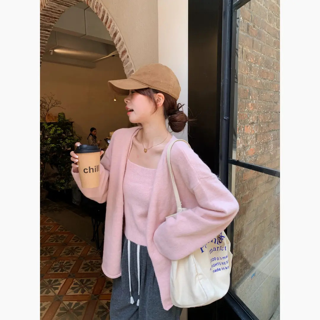 韩系净色甜美减龄宽松百搭毛衣背心上衣 开衫两件套