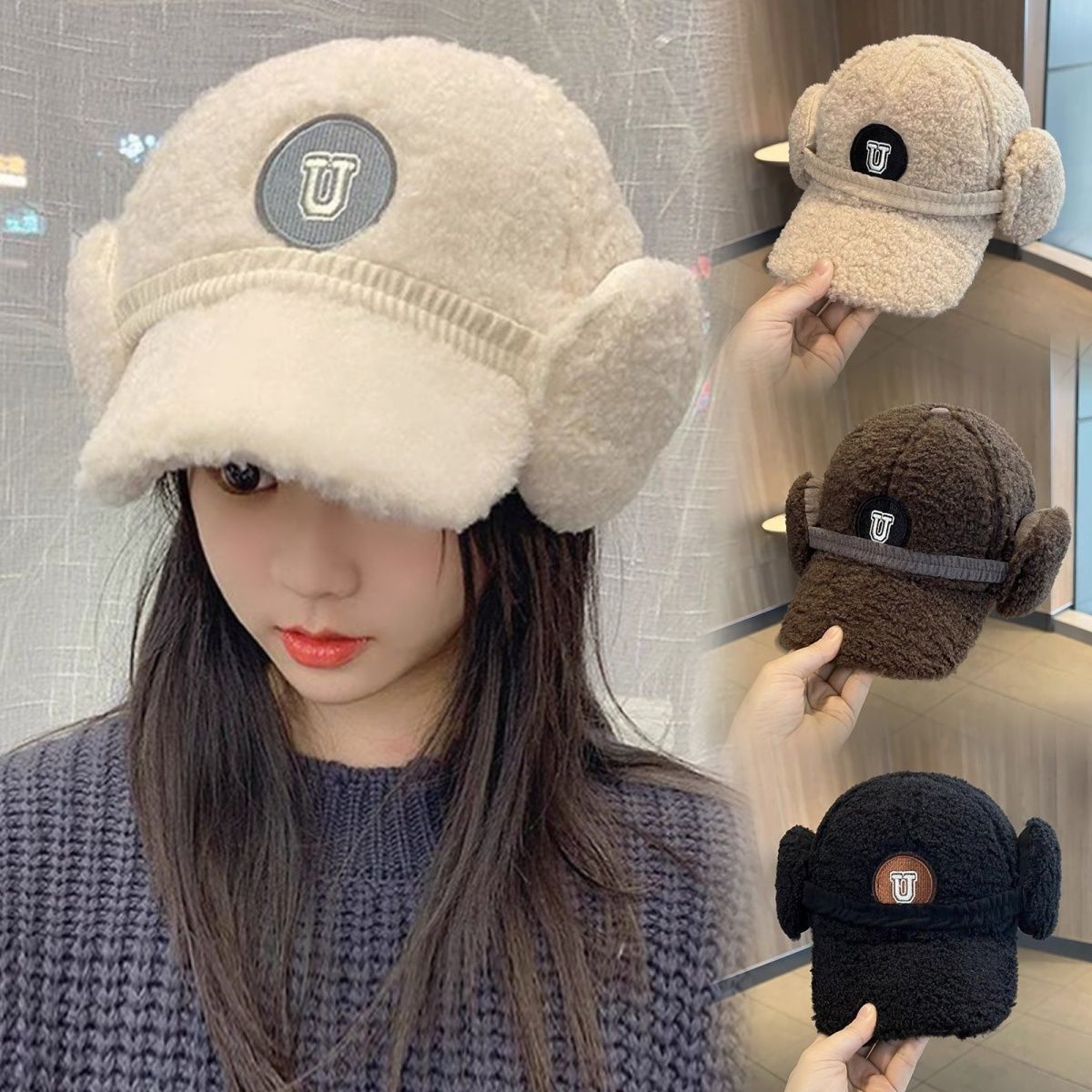韩版羊羔毛棒球帽女冬季加厚保暖护耳帽子百搭字母软顶毛绒鸭舌帽