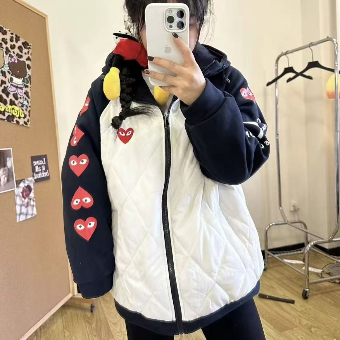 2025网红新款爱心菱格撞色拼接秋冬连帽棉服男女宽松休闲百搭外套