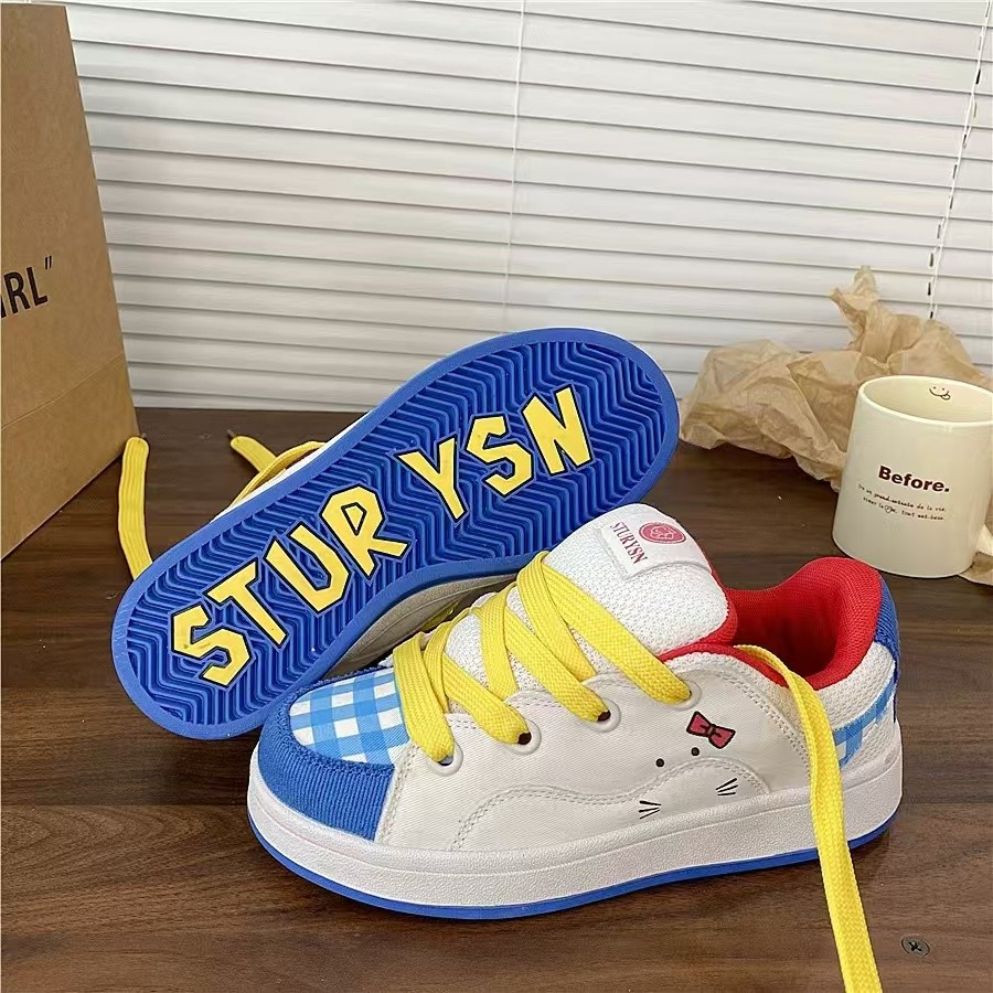 原创可爱猫咪拼色面包鞋女ins潮学生少女心百搭休闲板鞋2025新款