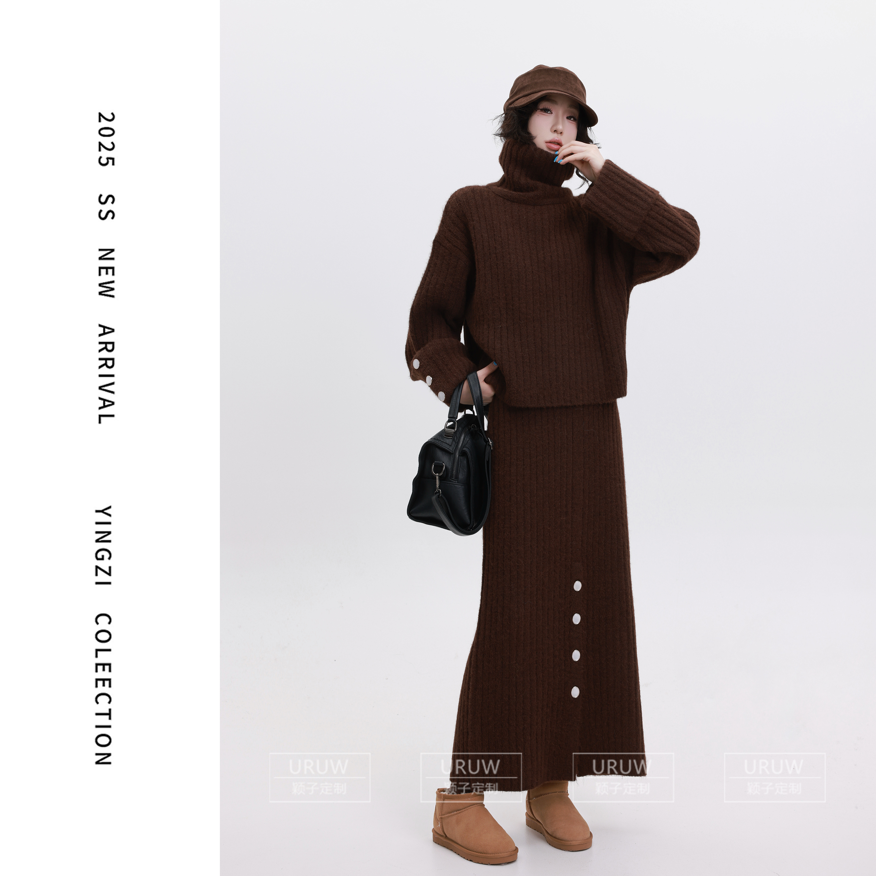 颖子定制【圆舞曲】冬季高领加厚保暖毛衣设计感前开叉高腰长裙2036