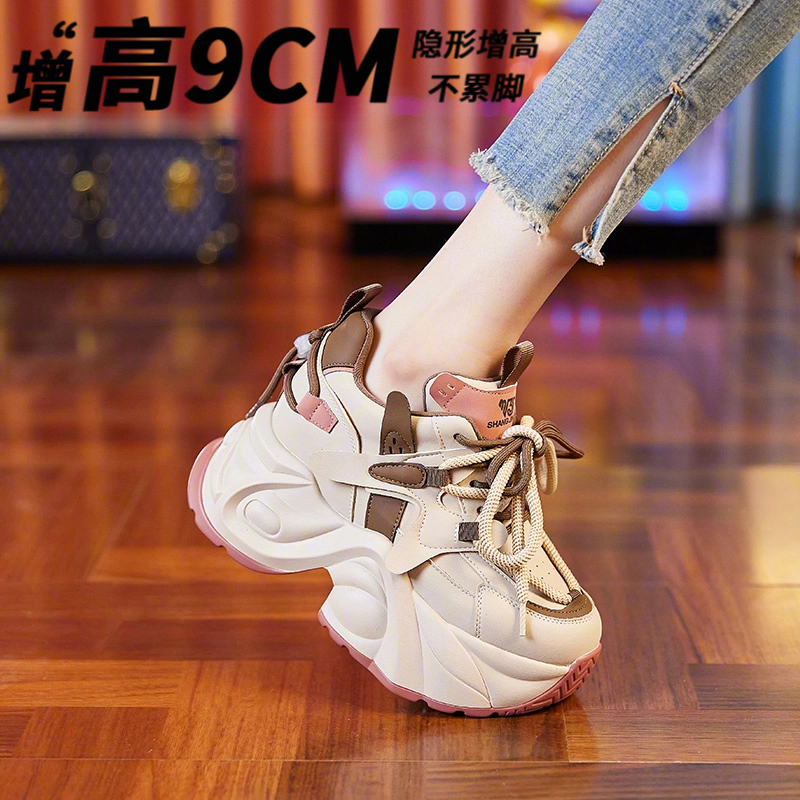 头层牛皮增高9cm老爹鞋女2025年秋季新款透气百搭厚底松糕鞋女鞋.