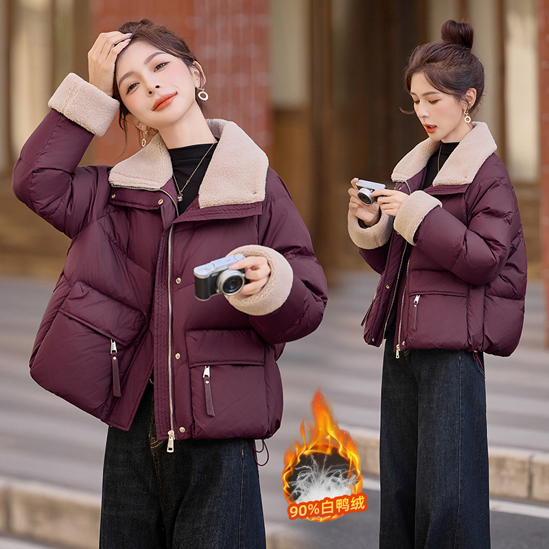 短款翻领纯色白鸭绒羽绒服外套2025秋冬新款宽松时尚冬装时尚气质