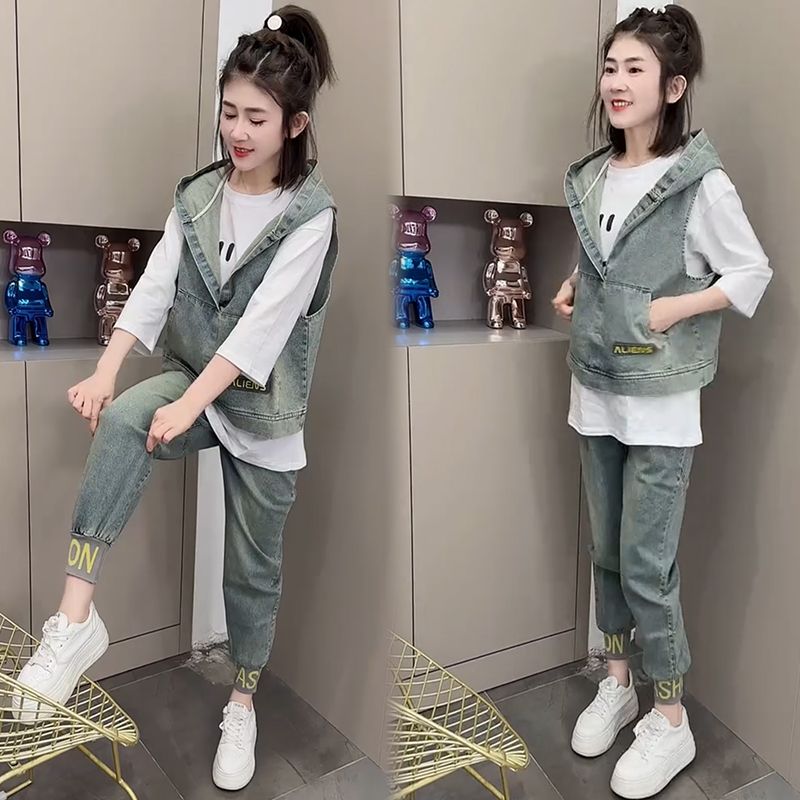 2025春夏季时尚牛仔套装女短袖宽松大码显瘦高档高级休闲三件套潮