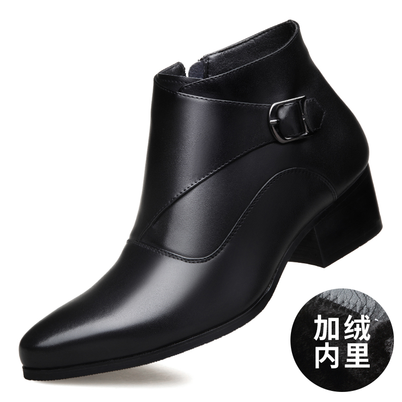 头层牛皮高帮男士真皮靴子高跟切尔西靴冬季保暖商务正装尖头短靴