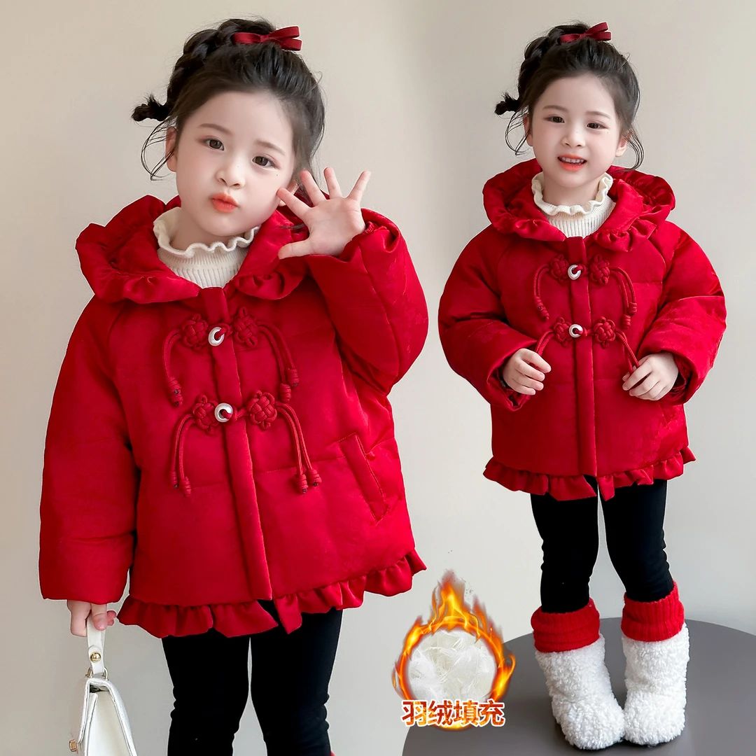 女童羽绒服白鸭绒红色年服中长款冬季洋气女宝小女孩加厚保暖外套