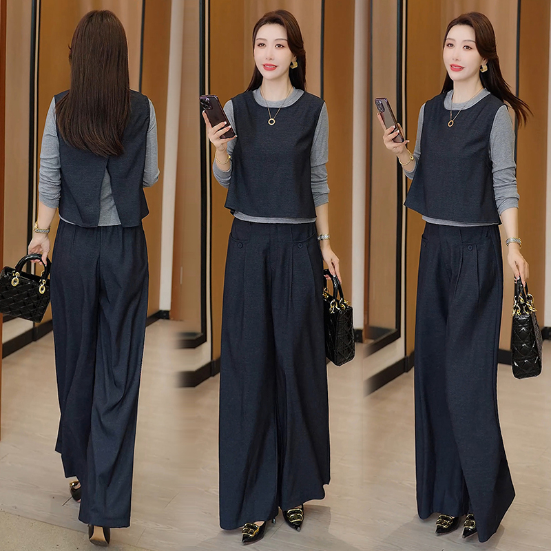 轻熟风时尚套装女2025秋季新款洋气百搭马甲打底衫阔腿裤三件套潮
