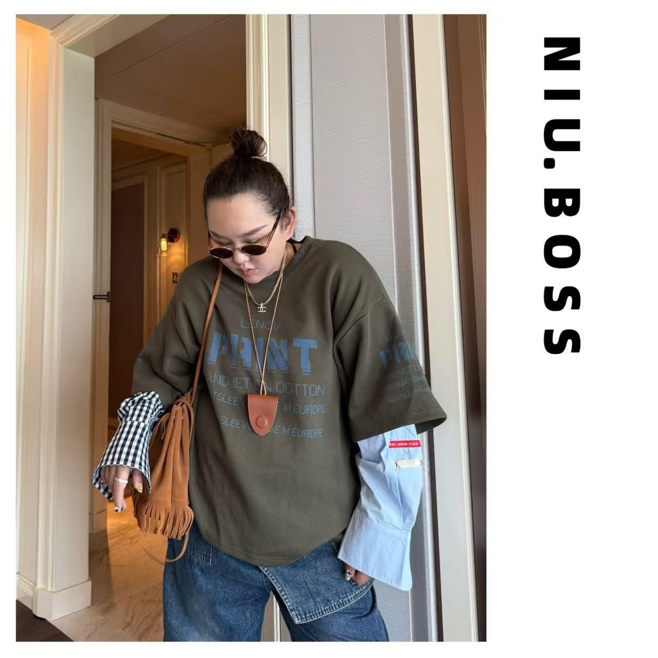 Three Ten.N大码260斤“痞帅风”撞色拼接假两件卫衣