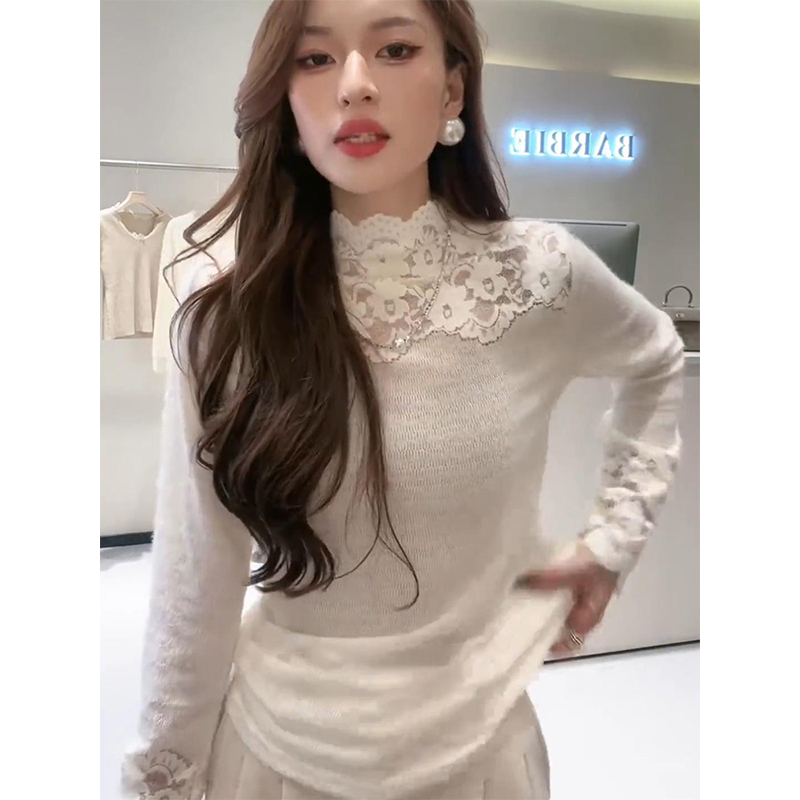 法式纯欲蕾丝拼接针织上衣女2025春秋季新款高级感百搭高领打底衫
