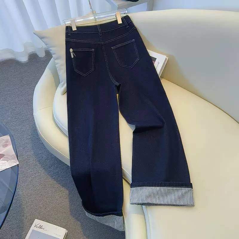 丹宁蓝翻边九分牛仔裤女春夏2025欧货爆款裤子卷边窄版直筒阔腿裤