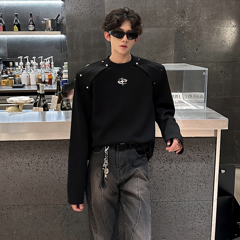 潮流金属设计感正肩长袖T恤男春秋美式复古上衣高级感休闲体恤衫