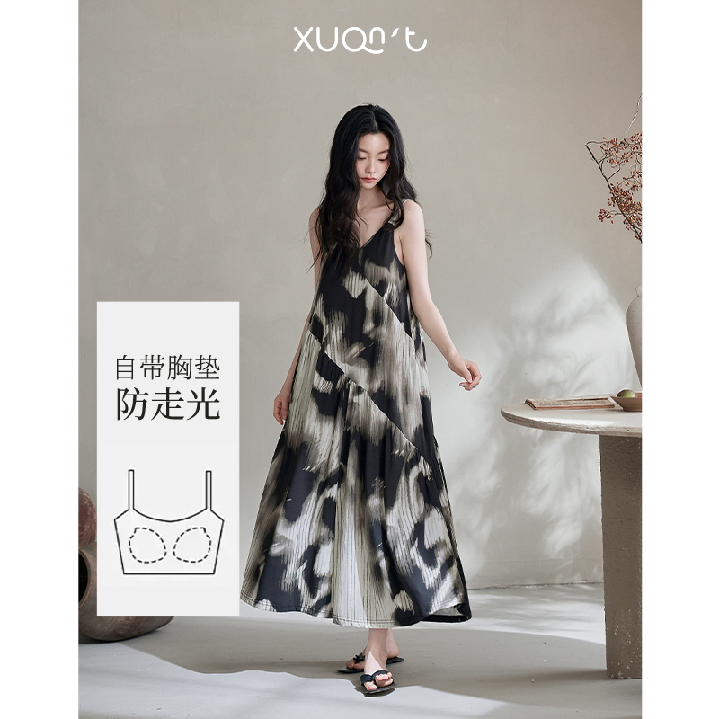 轩之婷带胸垫吊带睡裙女夏季莫代尔棉水墨印花2025新款中长款睡衣