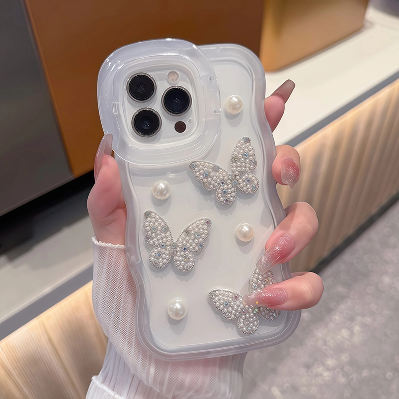 适用于苹果16简约珍珠蝴蝶手机壳oppo华为vivo双支架高级感新款女