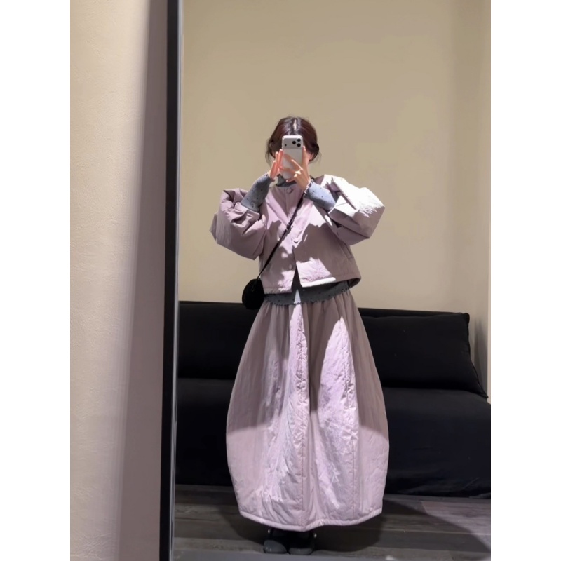 MARIE.COCO韩系搭小香风设计感圆领棉服外套搭花苞半身裙温柔套装