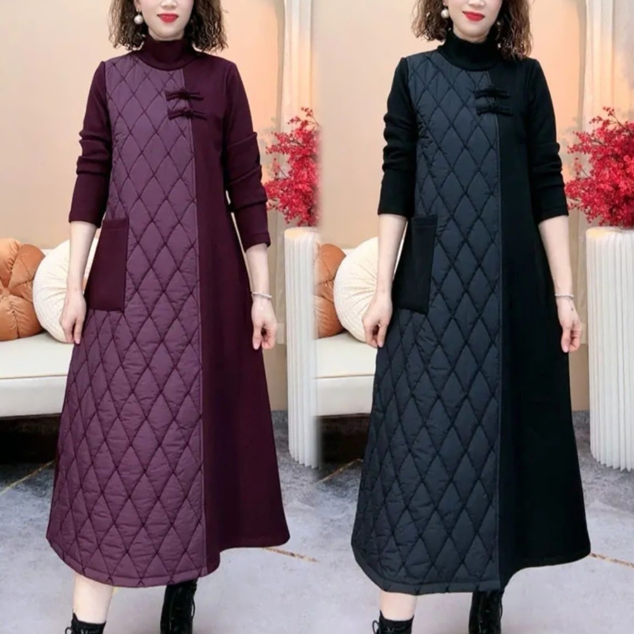 【加绒加厚】冬季半高领气质连衣裙修身优雅中老年妈妈复古裙显瘦