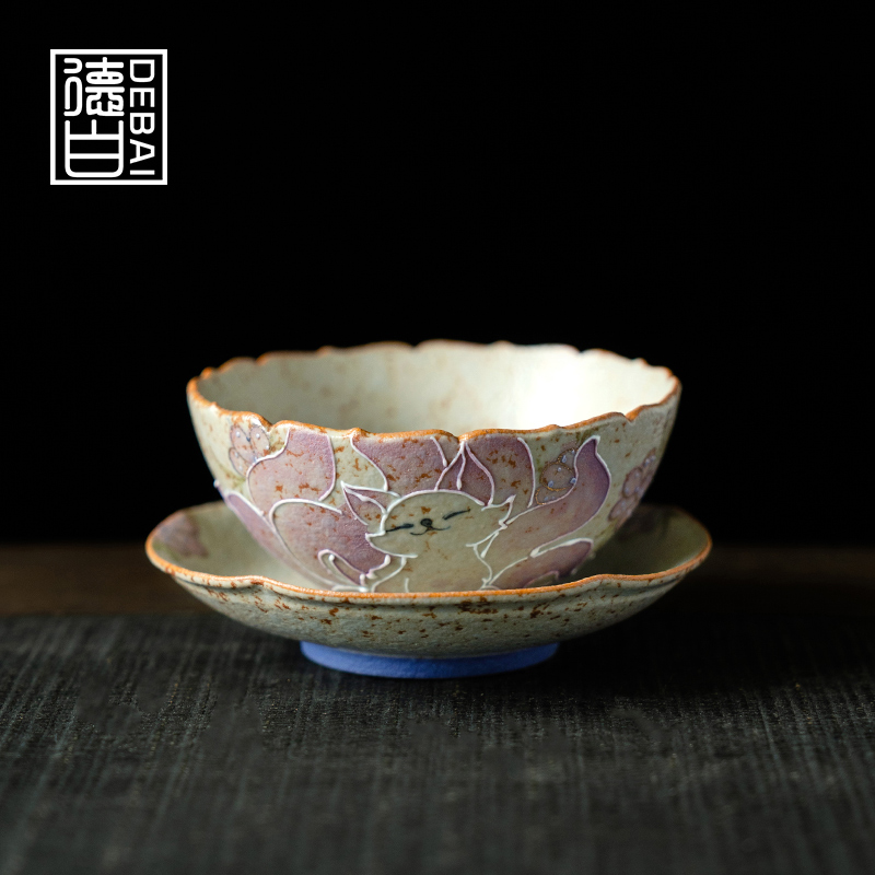 德白火石红纯手绘九尾仙狐泡茶杯主人杯带杯垫品茗杯中式陶瓷茶具