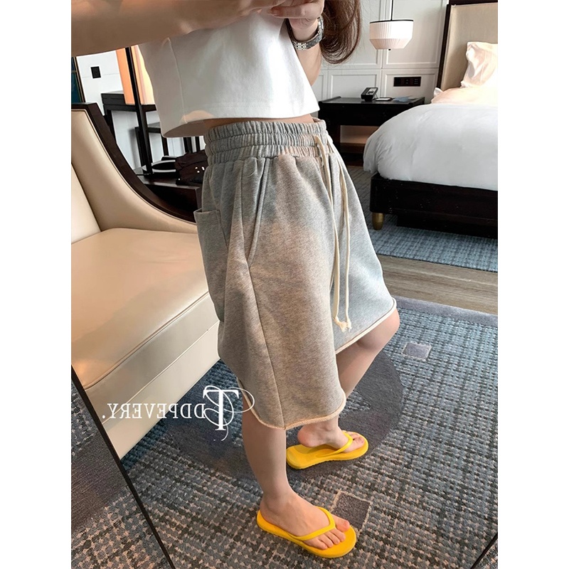 灰色卷边短裤女夏季新款时尚松紧腰系带宽松五分裤显瘦休闲阔腿裤