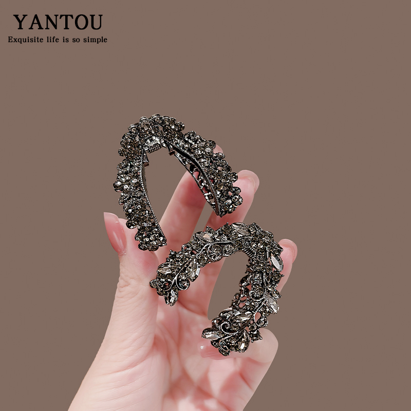 法式复古枪黑闪钻叶子抓夹女2025新款高级感发夹后脑勺顶夹子发卡