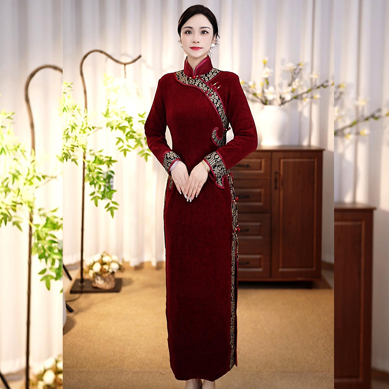 【QY26】2025冬季新款气质提花丝绒中国风旗袍连衣裙显瘦复古日常