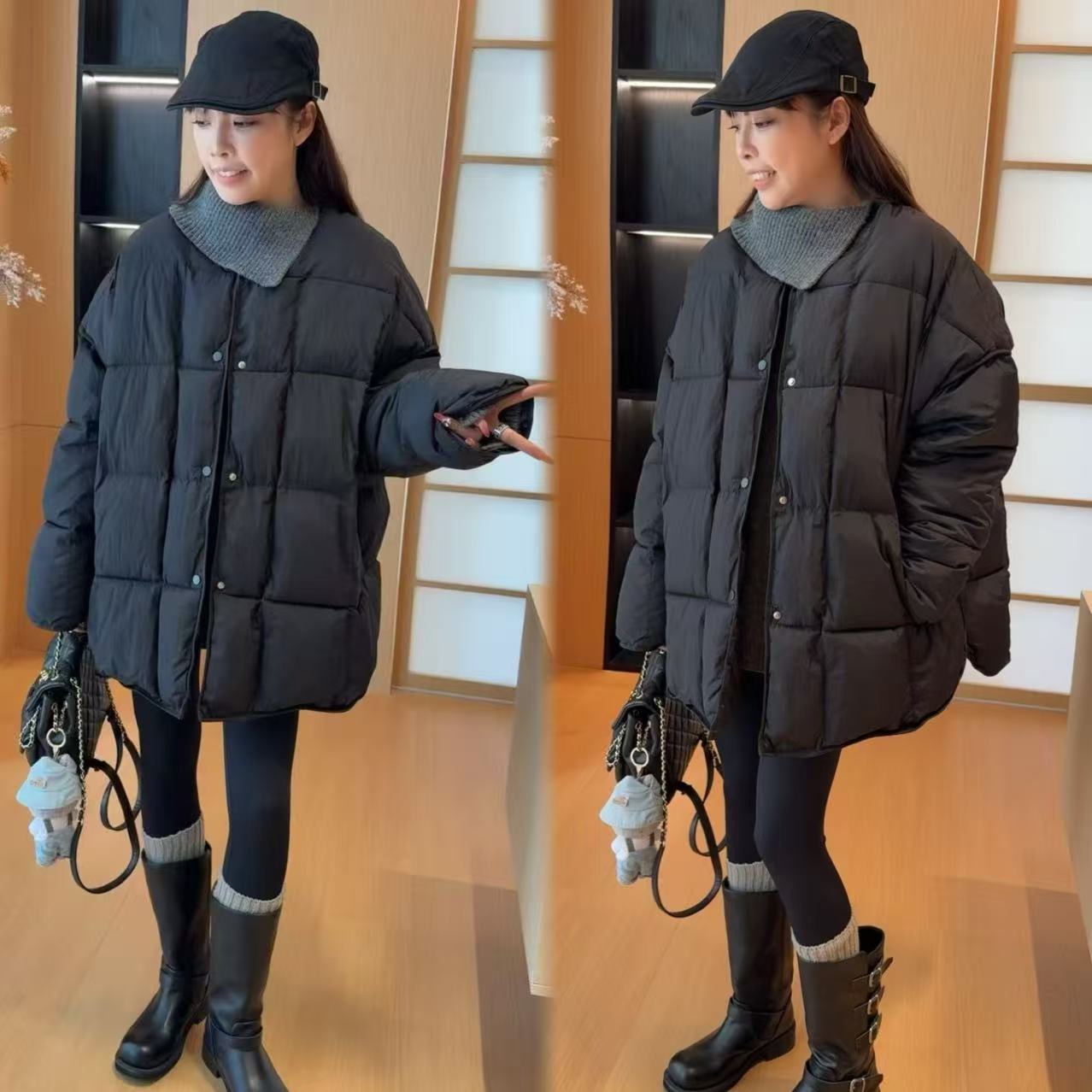 二姐的宝藏秋冬圆领侧边按扣开叉设计感长袖轻薄型棉服#25437