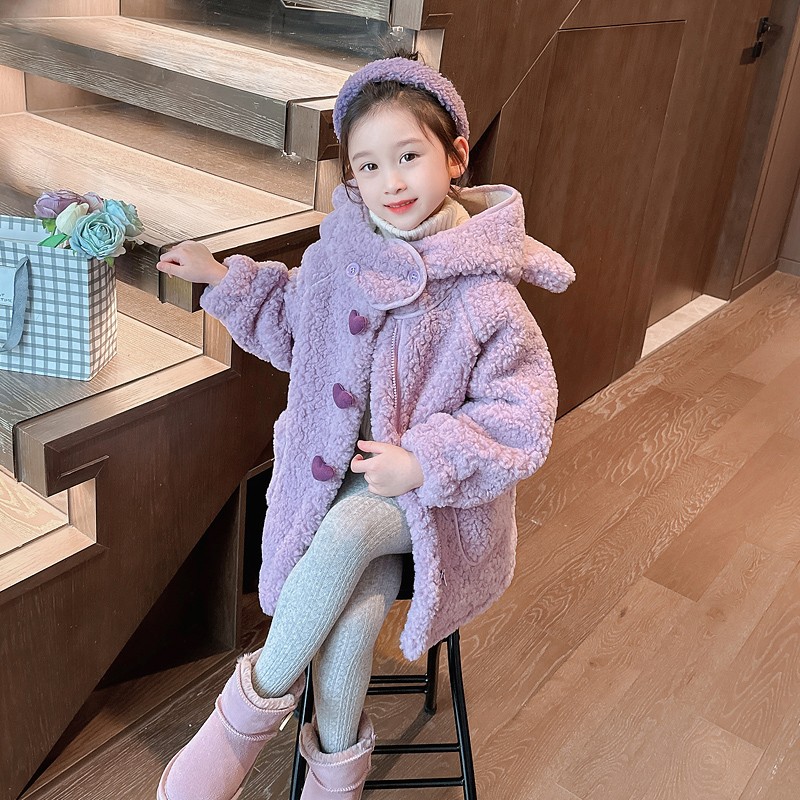 芭雅莲女童加绒羊羔绒外套秋冬款2024新款儿童中长款加厚宝宝冬装